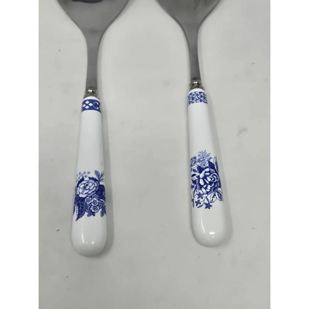 VINTAGE SPODE ITALIAN SALAD SERVERS WHITE BLUE FLORAL STAINLESS & PORCELAIN SET